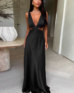 Vestido Longo Tina com Corte Fora na Cintura e Decote V